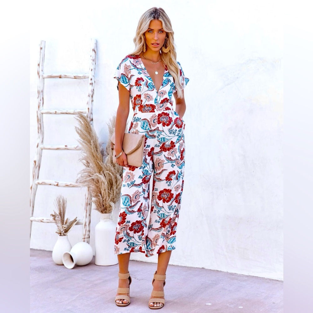 Vici Hollow Floral Pocketed Tie Jumpsuit